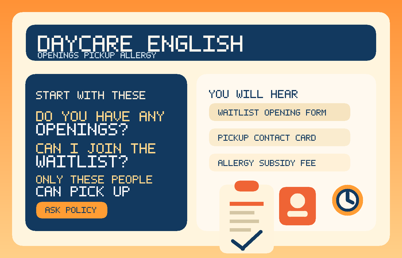 daycare英文速查图,展示waitlist清单、授权接送卡、过敏表格、时钟和孩子书包