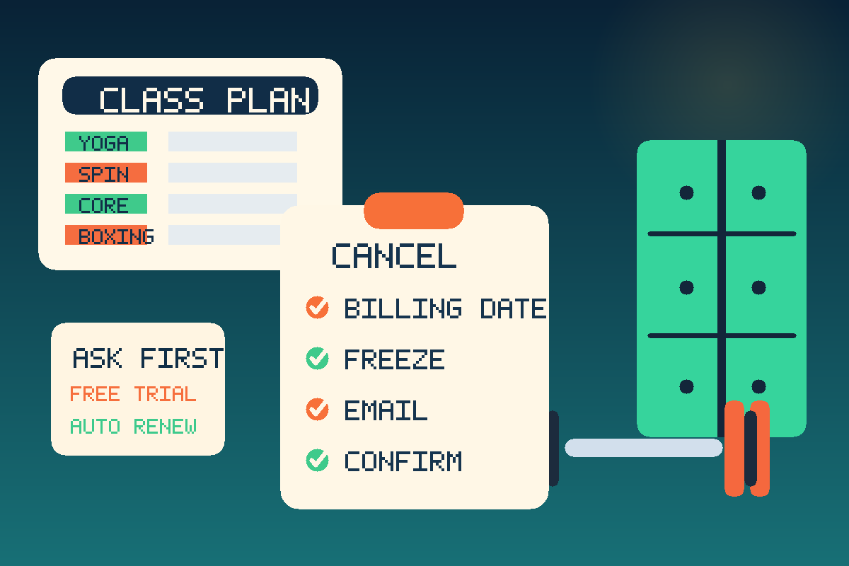 健身房办卡英文速查图,展示membership card、class schedule、locker、freeze account 和 cancel form 等关键场景