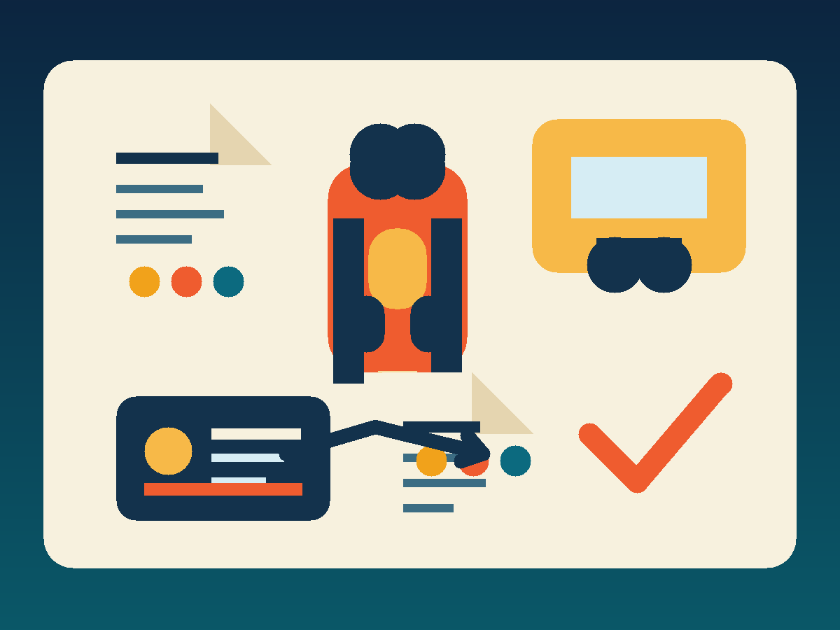 学校注册英文速查图，展示报名表、背包、校车图标、疫苗记录和接送卡片