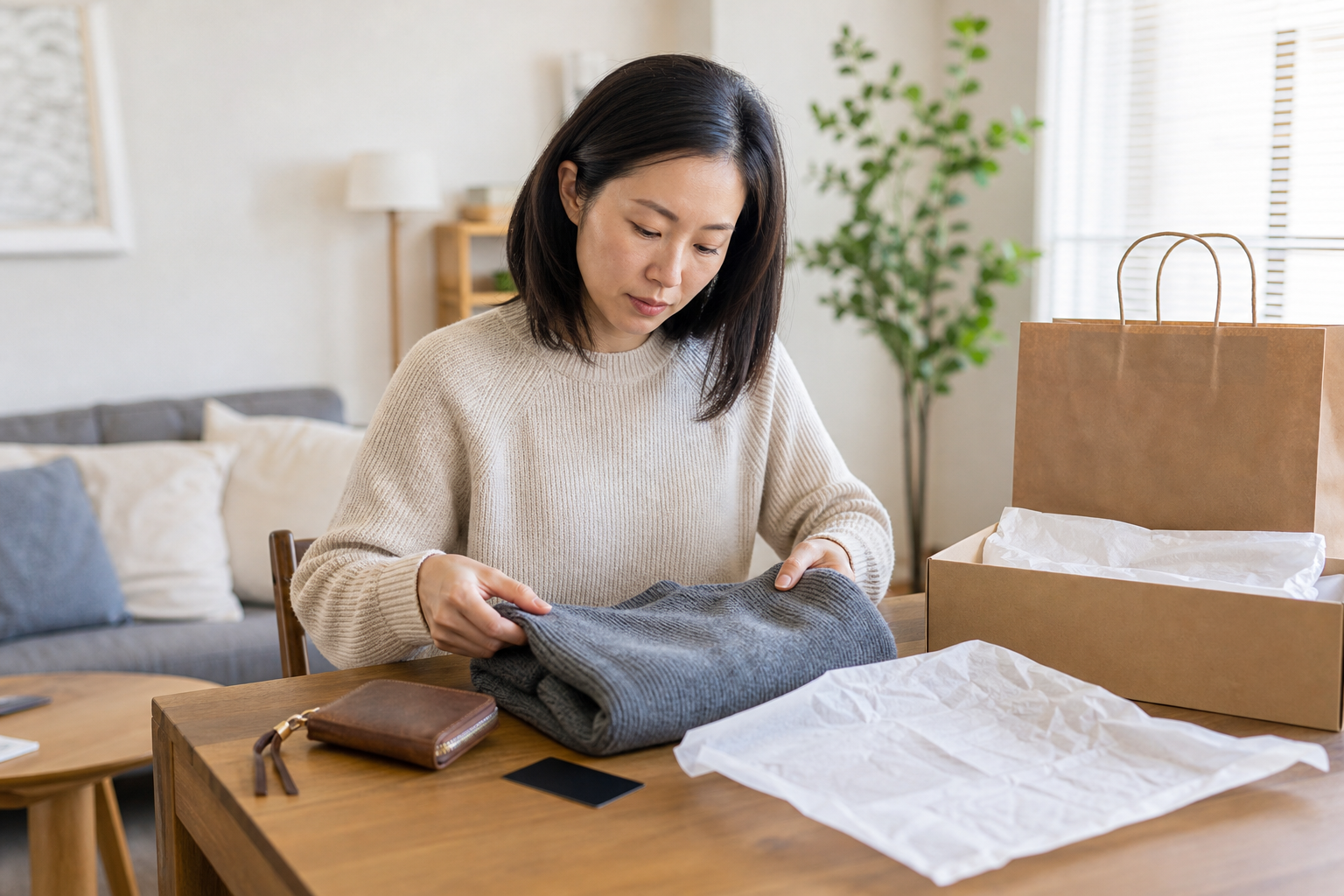 Customer preparing a sweater and packaging for a return at home