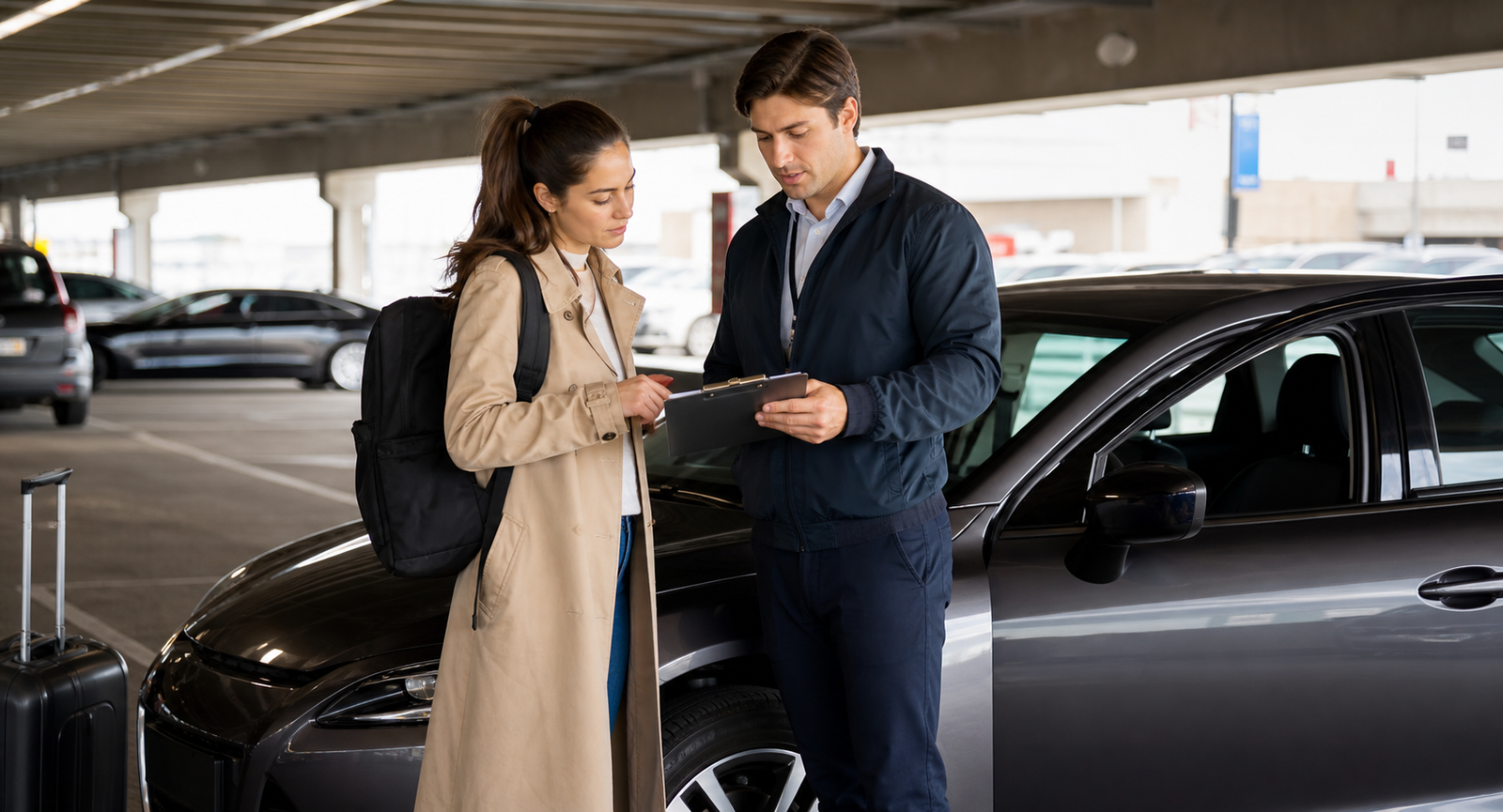 Rental agent and traveler checking a car with a clipboard in an airport parking garage