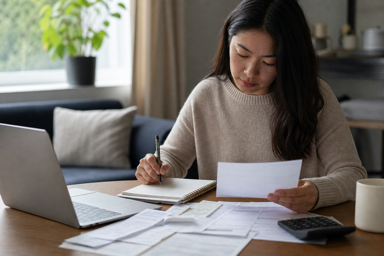 Person comparing monthly bills and banking documents while making a credit plan at home