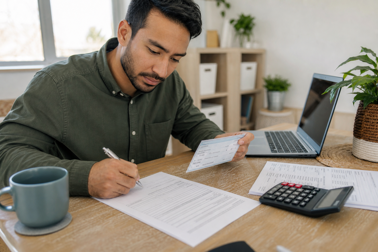 Person filling out a direct deposit authorization form while checking a void cheque and banking details at home