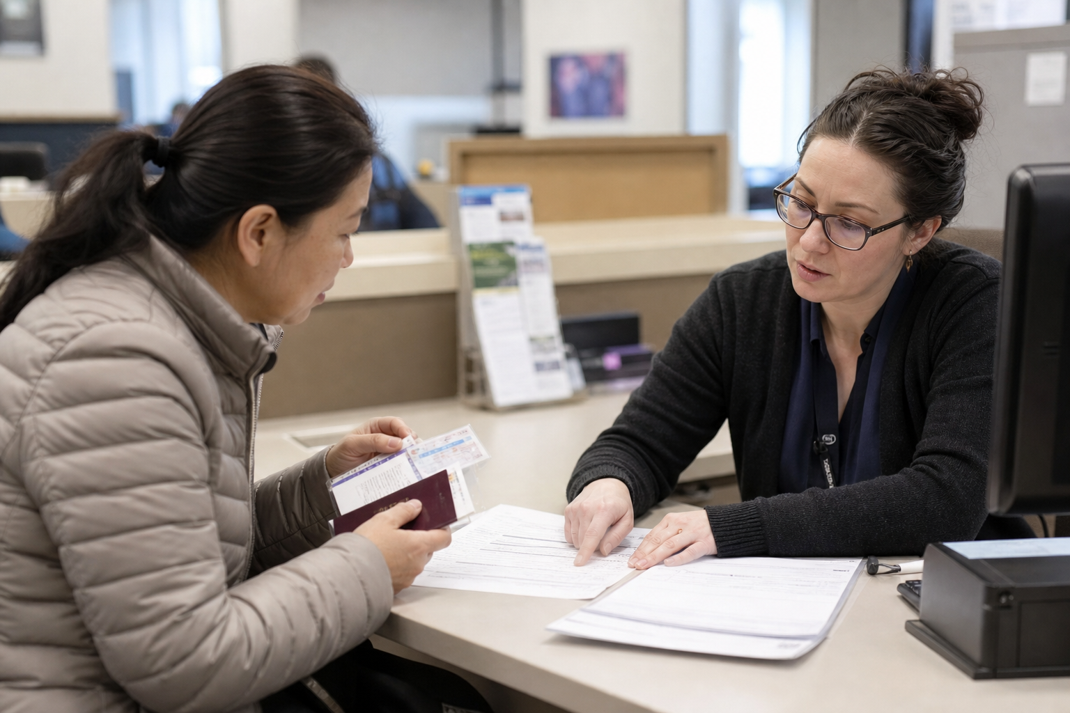 Person speaking with a driver licensing office clerk while checking accepted ID and renewal paperwork