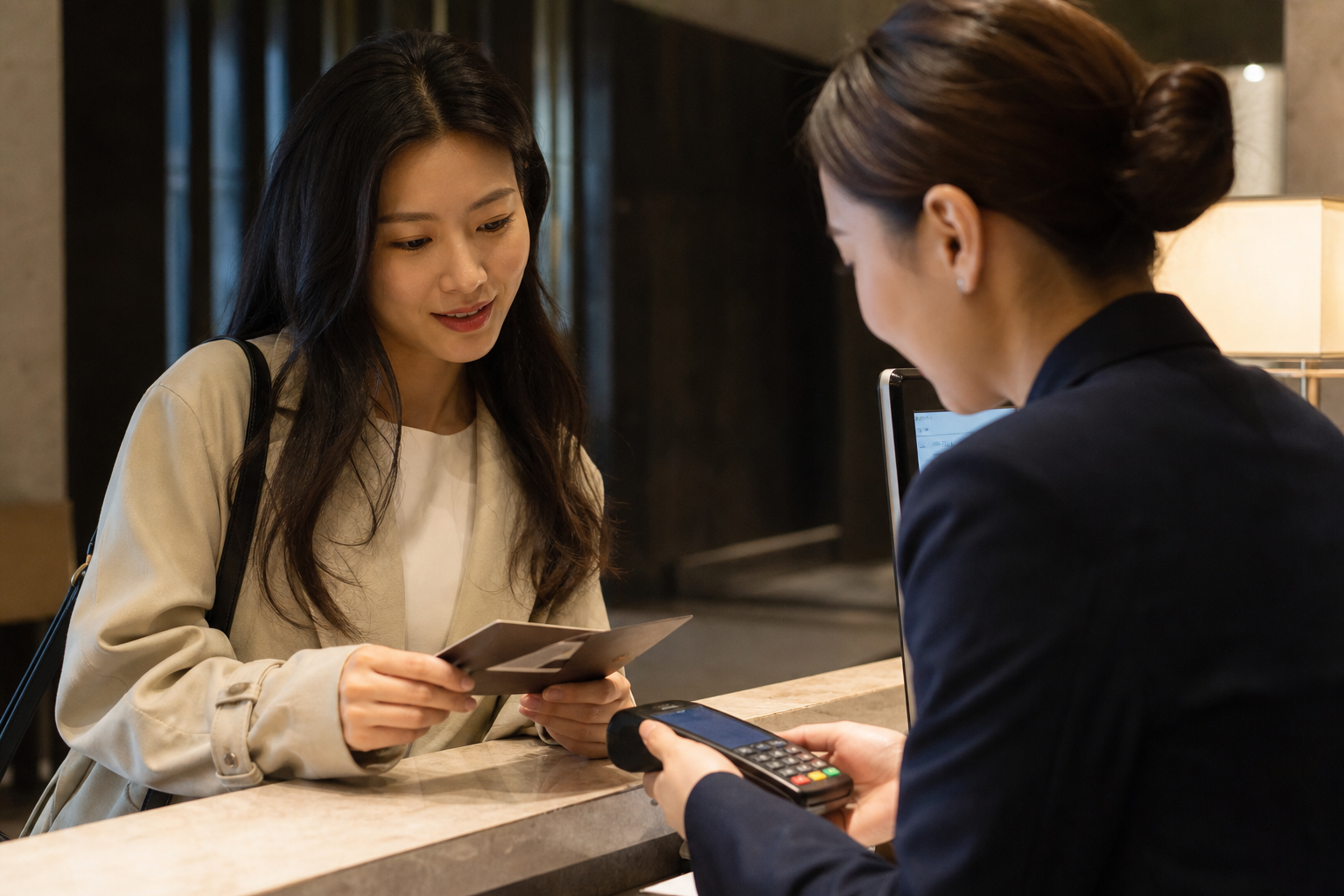 Hotel guest speaking with a front desk clerk while reviewing a room card packet and payment terminal