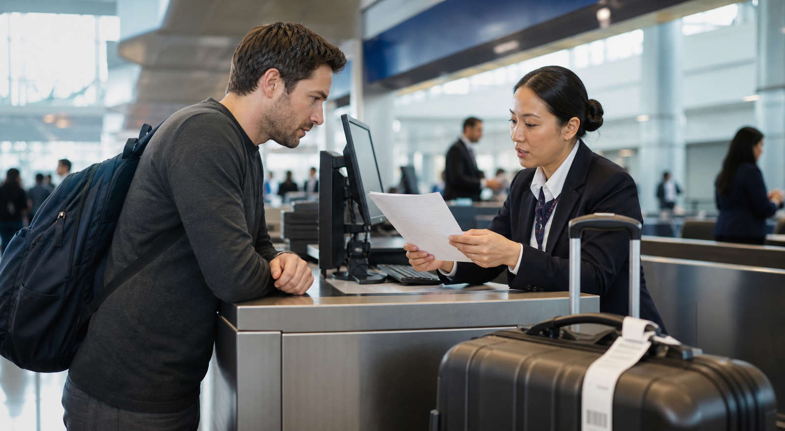 Airport baggage service agent reviewing a lost luggage report with a traveler and suitcase at the counter