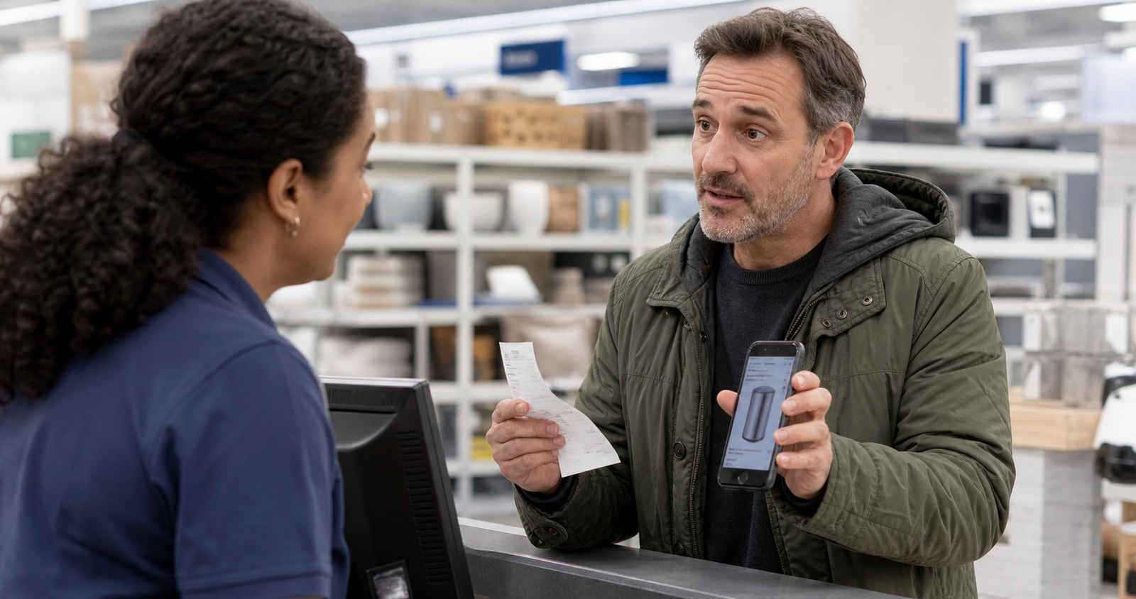 Customer speaking with a service desk employee while showing a receipt and a lower advertised price on a phone