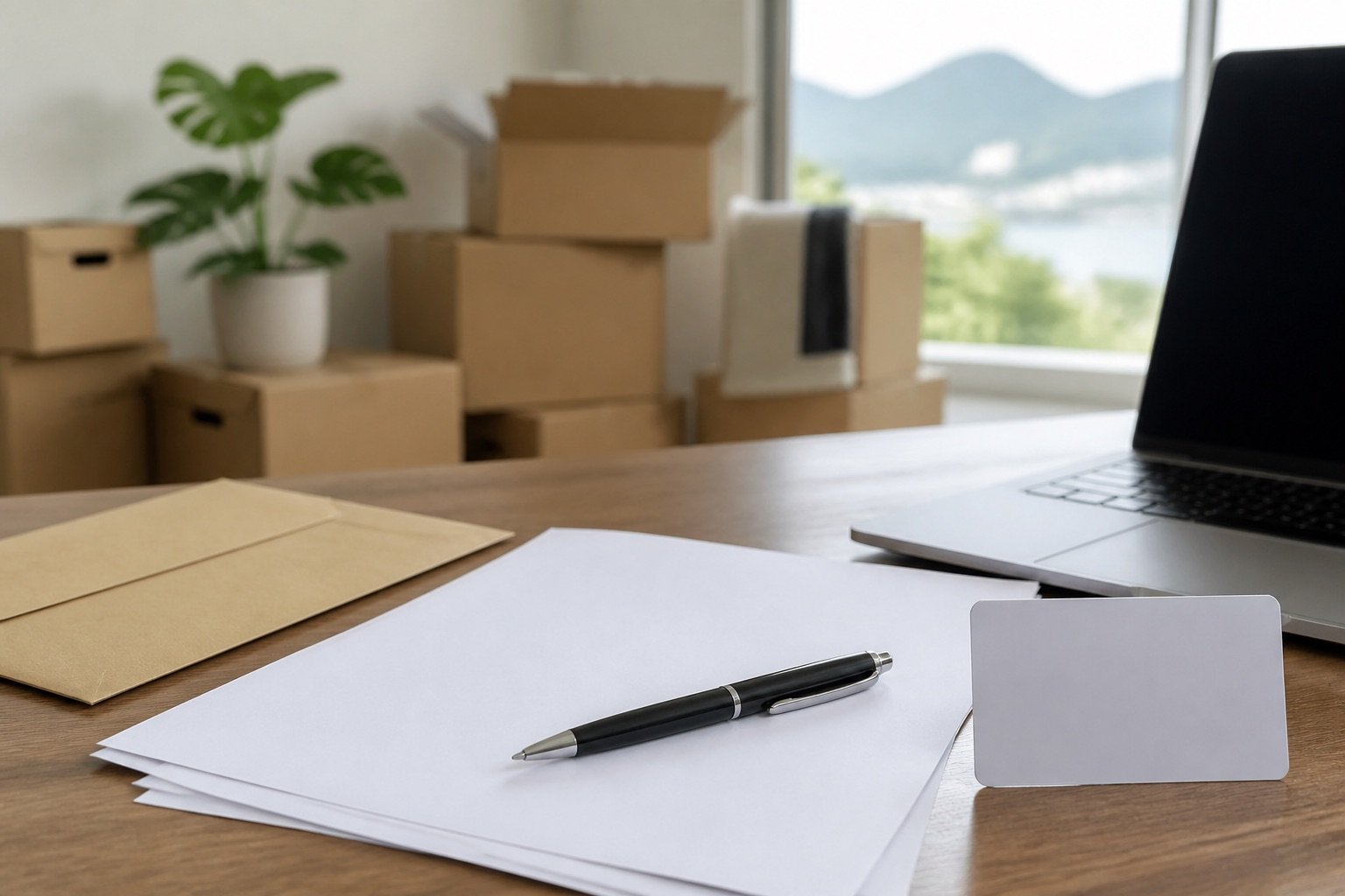 Blank moving checklist paperwork, generic card, and laptop on a table with moving boxes in the background