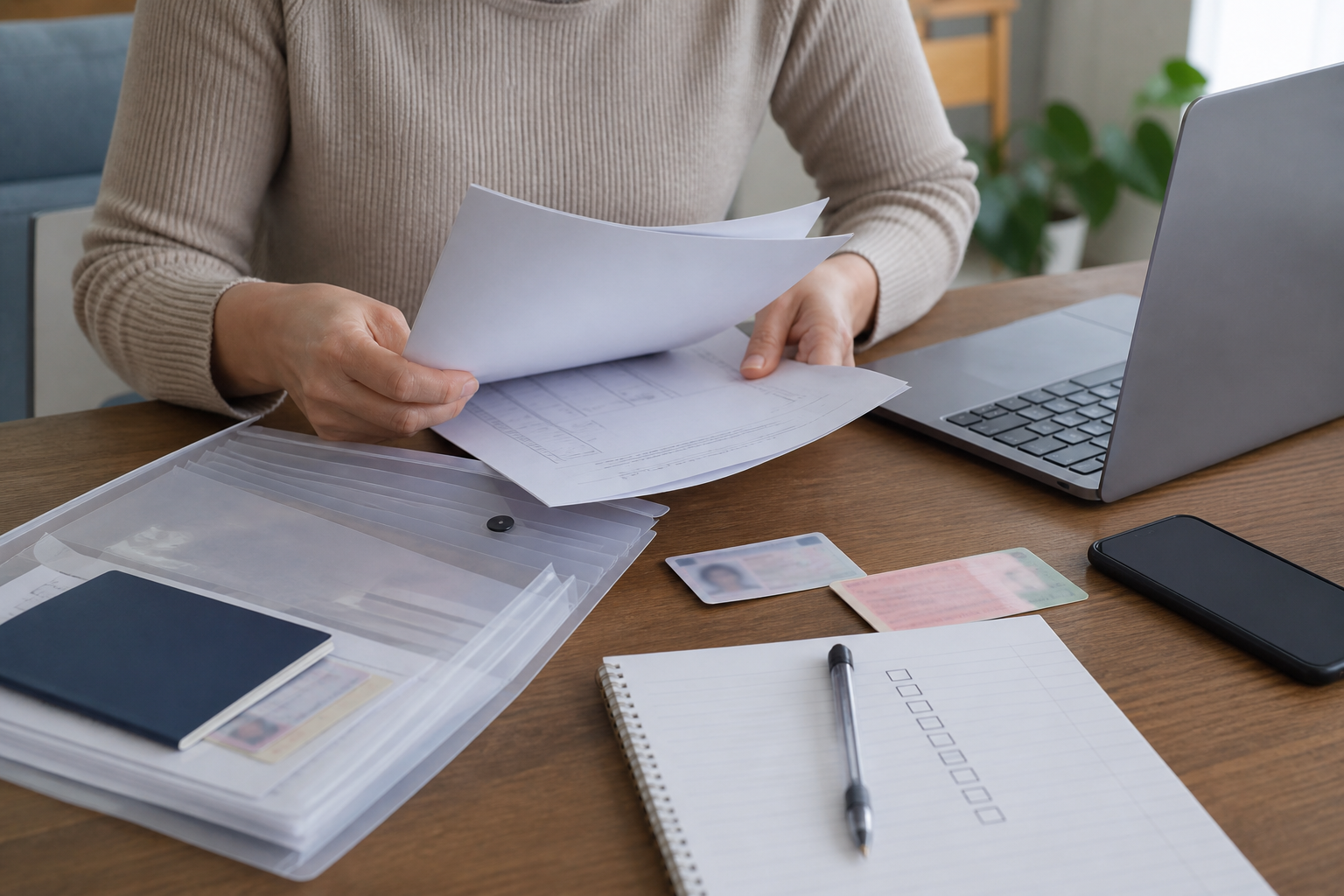 New resident organizing identity documents and checklist before applying for B.C. MSP